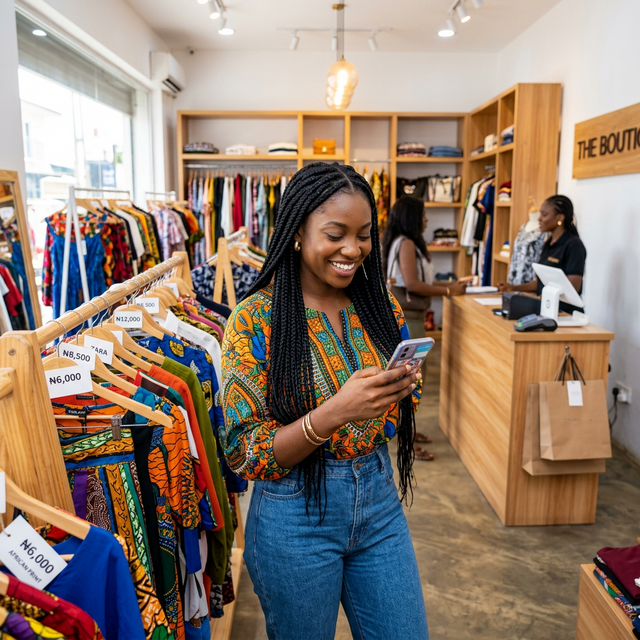 A merchant using TradeKord on her phone at her clothing boutique